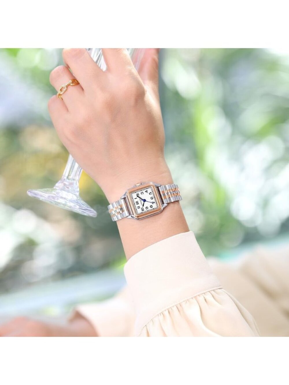 Women's Silver-Rose Gold Black Solid Stainless Steel Band Dainty Square Watch - Picture 2 of 6